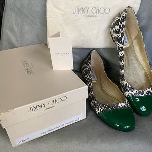 Jimmy Choo EPA Elaphe Paten Leather Snakeskin Green flats.  Never Worn.  Size 41